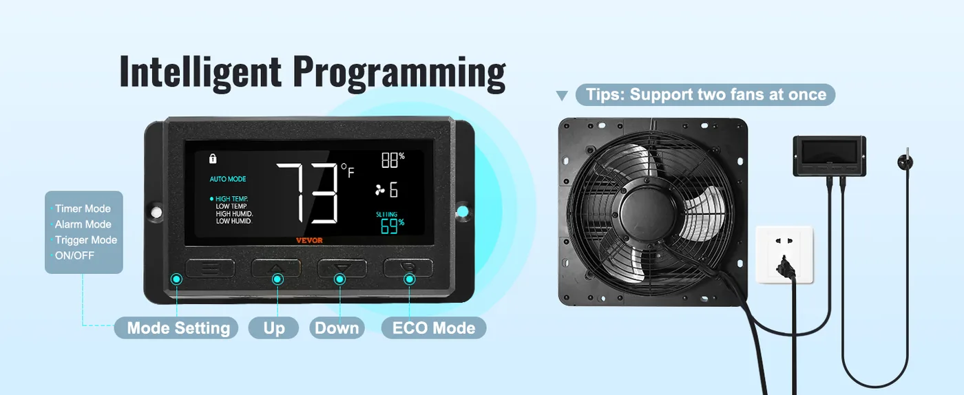 VEVOR Shutter Exhaust Fan 16 inch With Temperature Humidity Smart Controller