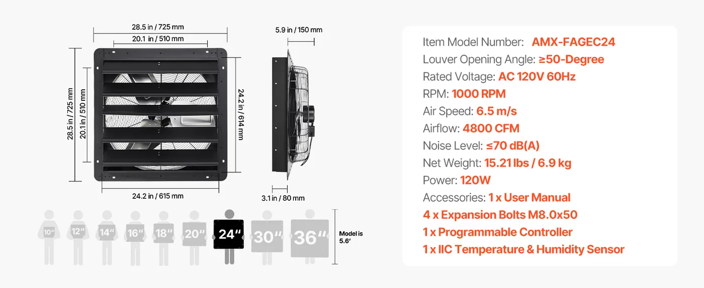 VEVOR 24 inch shutter exhaust fan overview