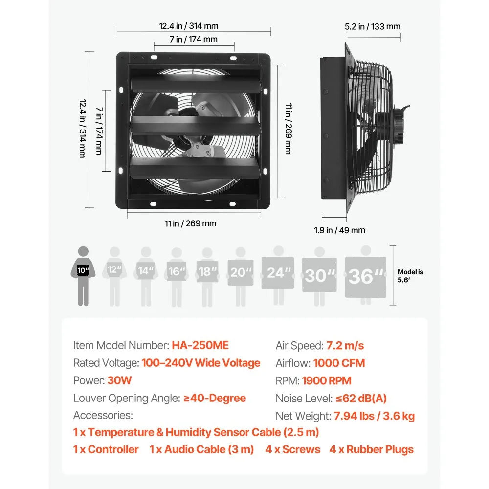 VEVOR shutter exhaust fan package contents and hardware