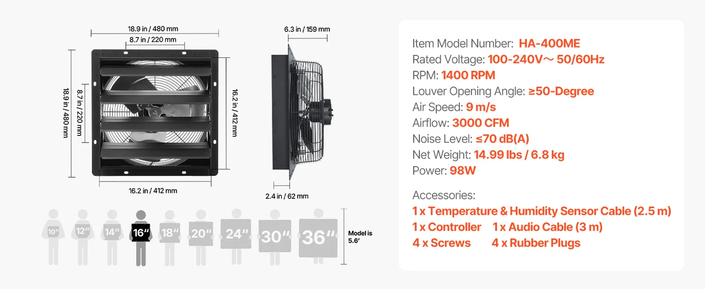 VEVOR 16 inch shutter exhaust fan overview