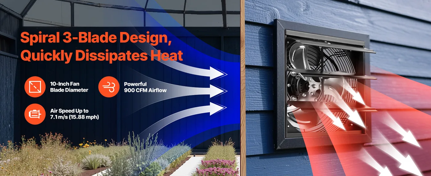 VEVOR 10 inch Shutter Exhaust Fan 900 CFM Variable Speed Powerful Airflow