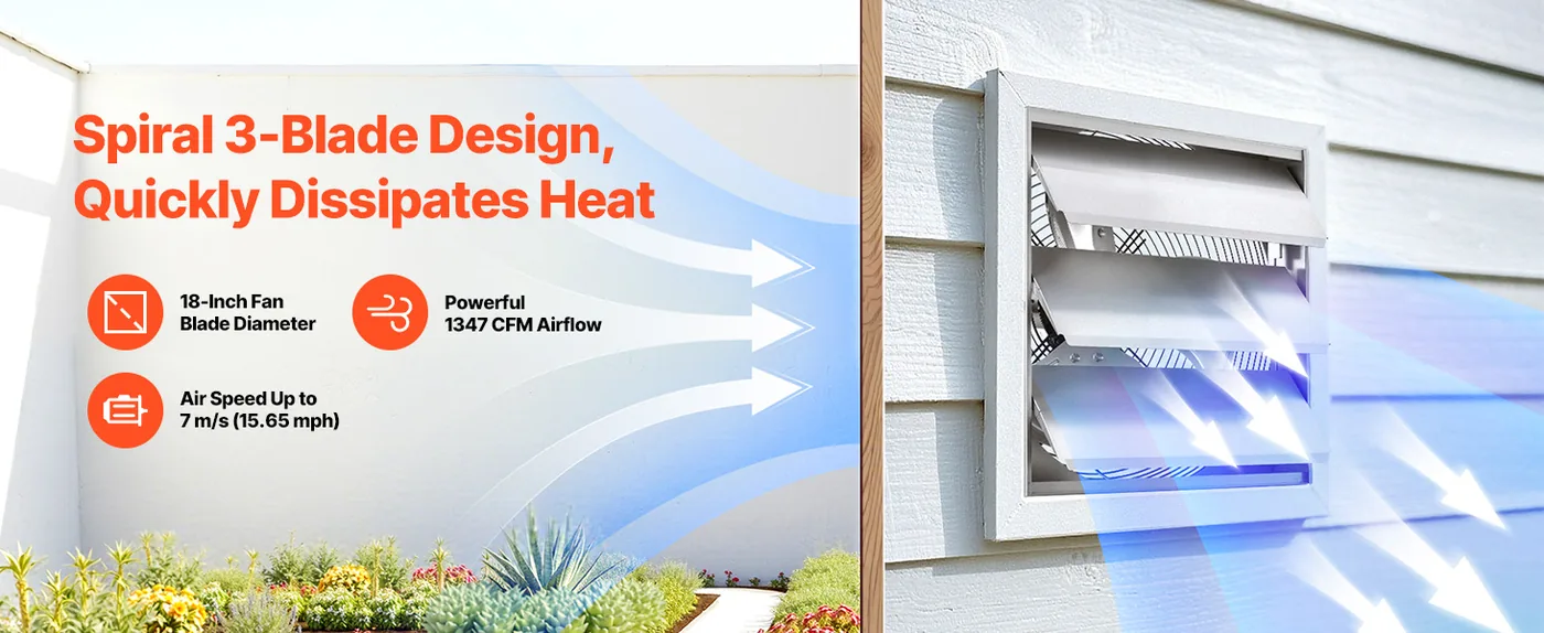 VEVOR 12 inch Shutter Exhaust Fan 1347 CFM Wall Mount Powerful Airflow
