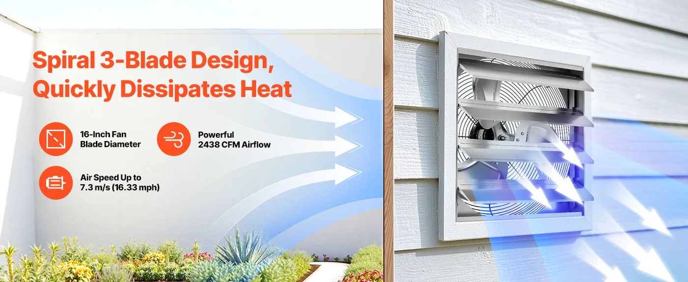 VEVOR 16 inch Shutter Exhaust Fan 2438 CFM Wall Mount Powerful Airflow