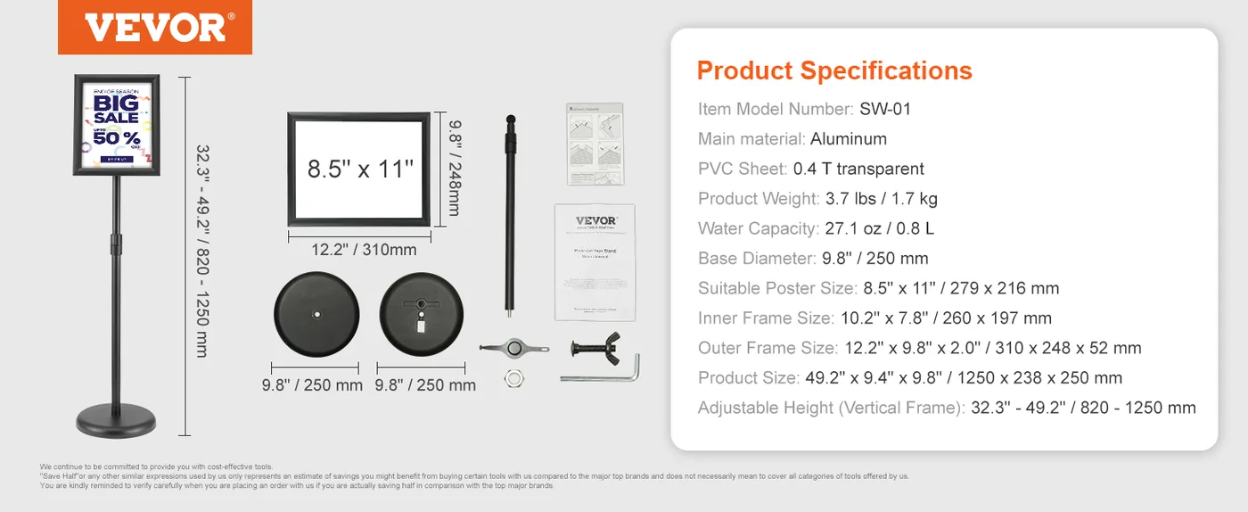 VEVOR 8.5 x 11 pedestal sign holder overview