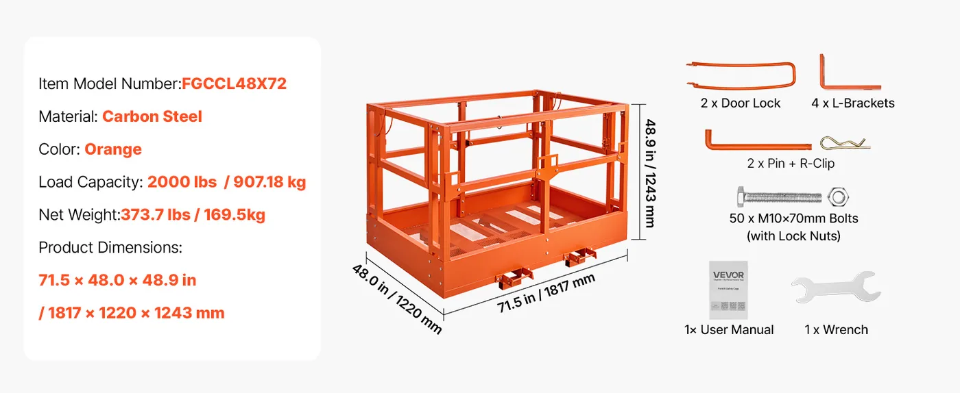 VEVOR Telehandler Work Platform 2000 lbs 48 x 74 in 2.75 mm Steel Tubing