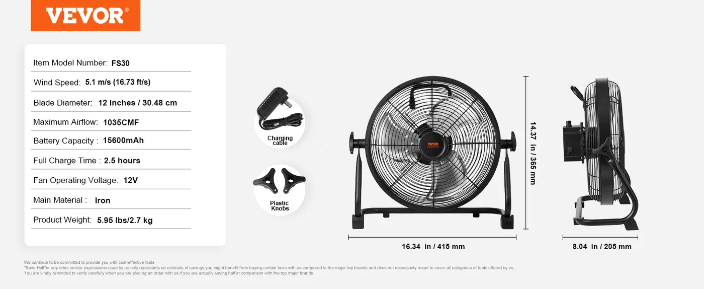 VEVOR Cordless Fan 12 in 12 inch feature 5