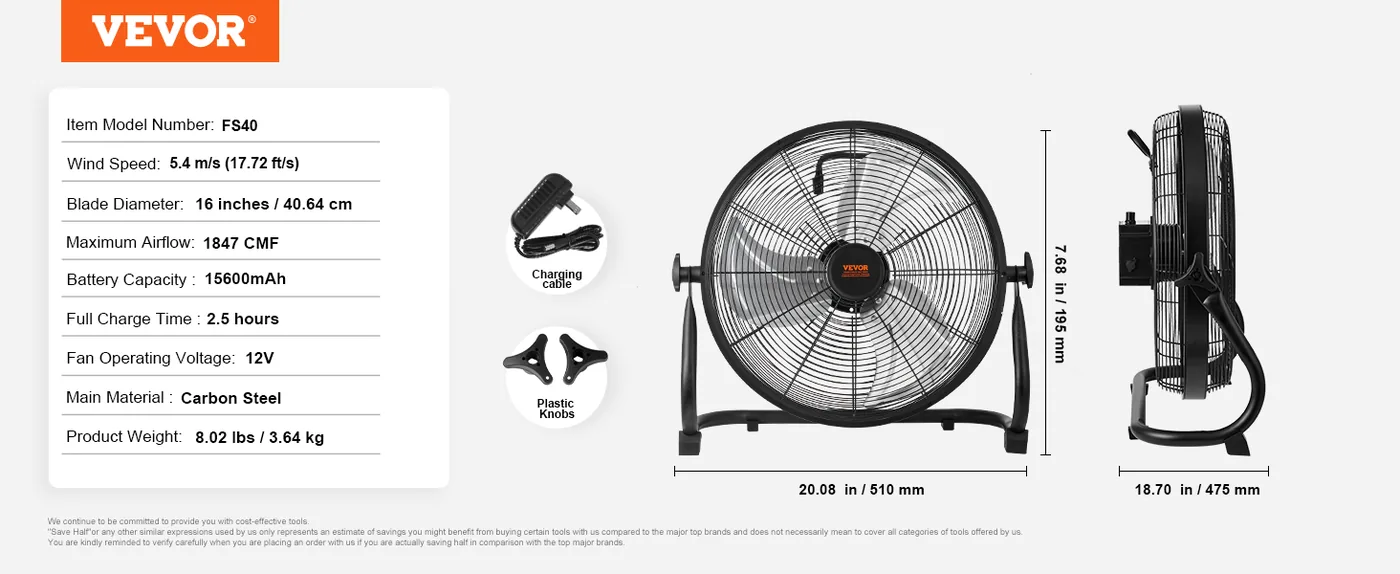 VEVOR Cordless Fan 16 in 16 inch feature 5