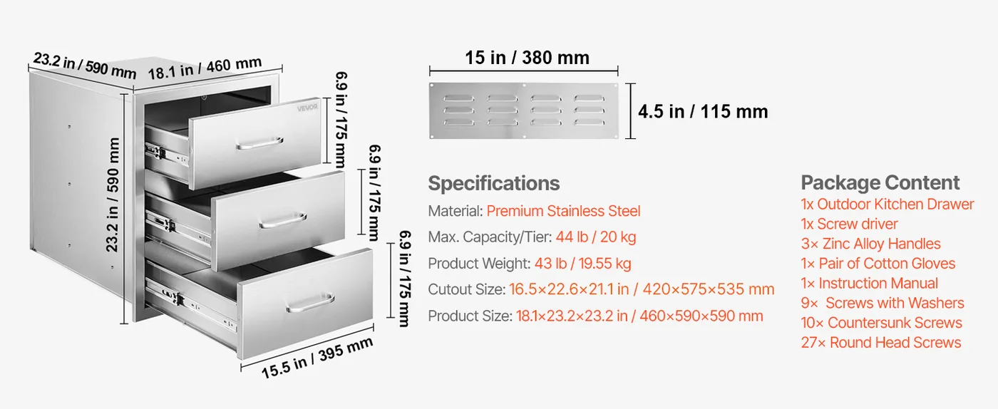 VEVOR Outdoor Kitchen Drawers 18.11" W x 23.23" D x 23.23" H feature 1