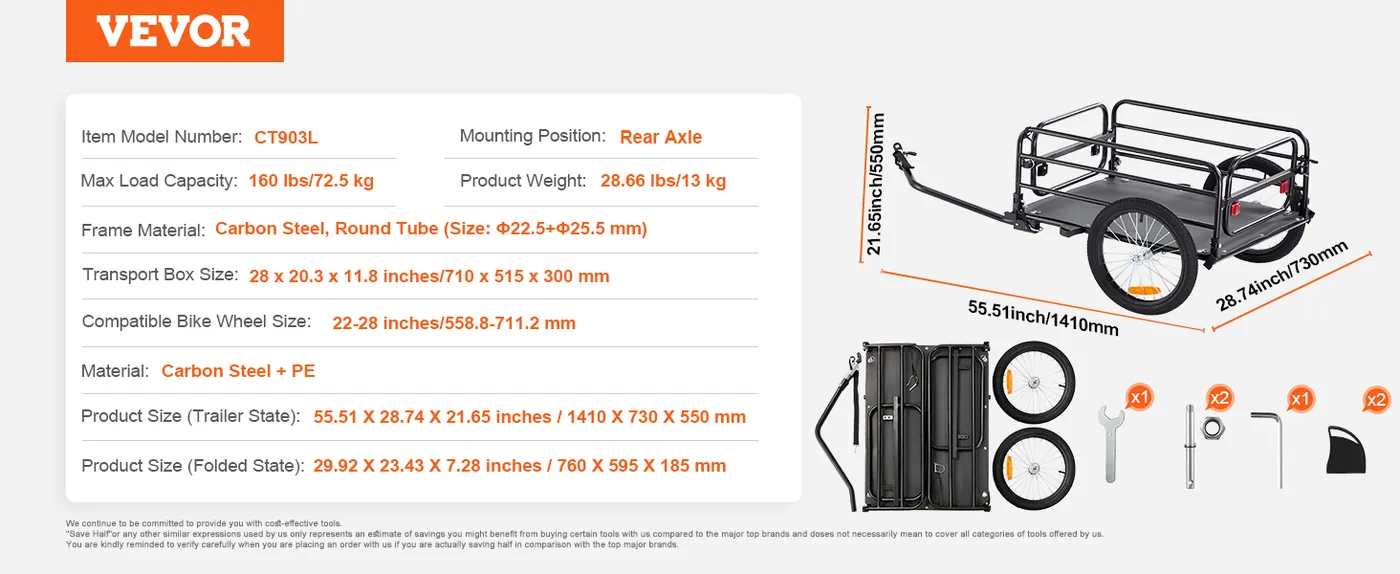 VEVOR Bike Cargo Trailer 160lbs feature 5