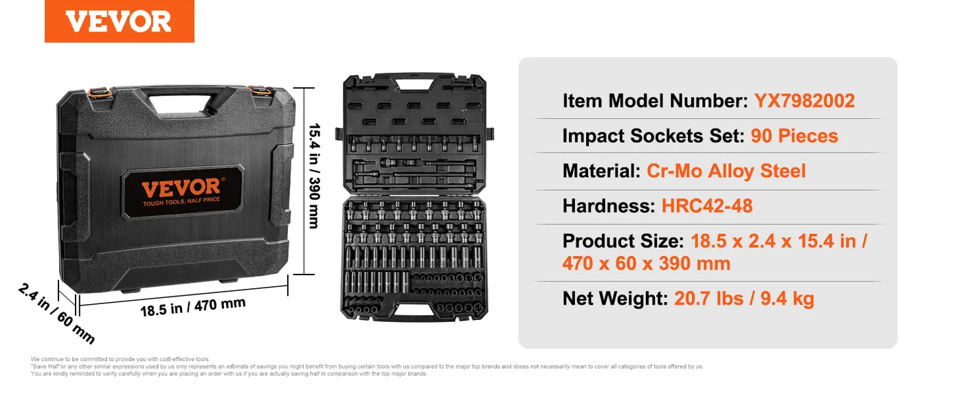 VEVOR 90 piece impact socket set storage and package