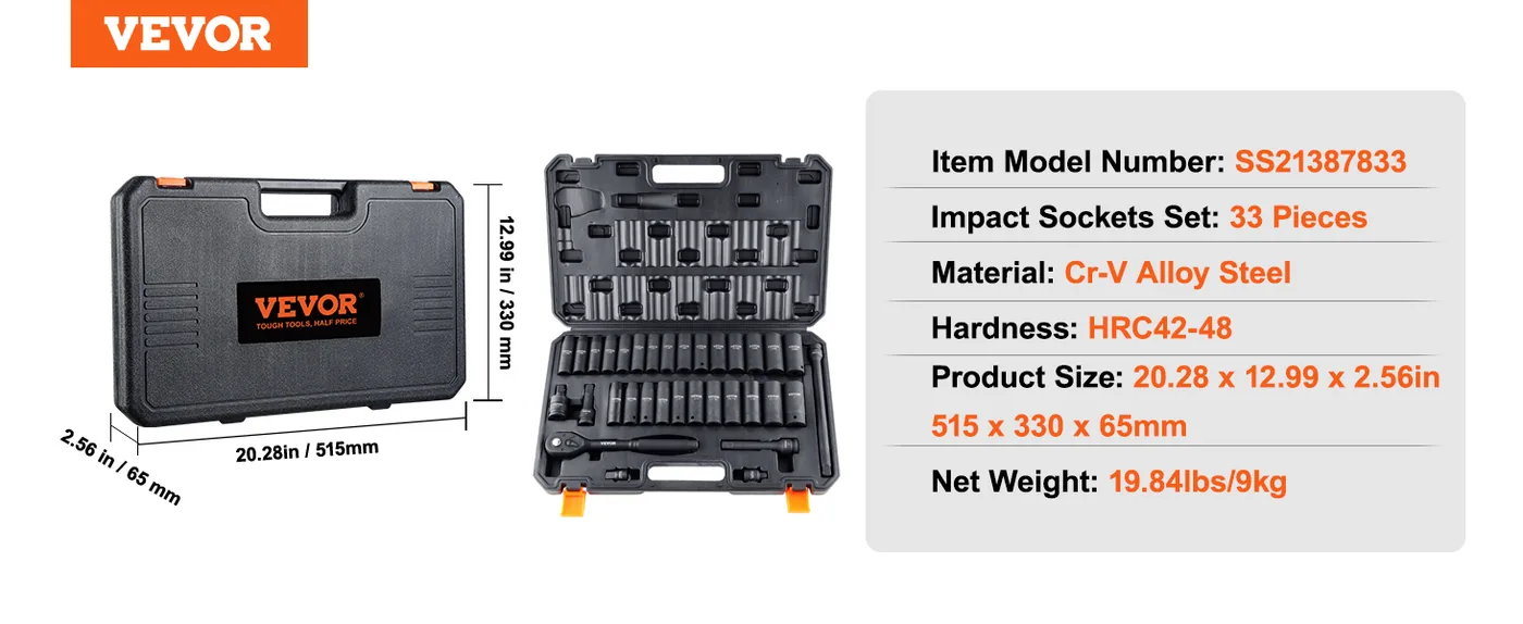 VEVOR 33 piece impact socket set storage and package