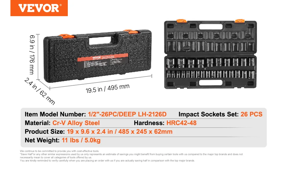 VEVOR 26 piece impact socket set storage and package