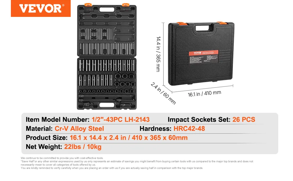 VEVOR 43 piece impact socket set storage and package