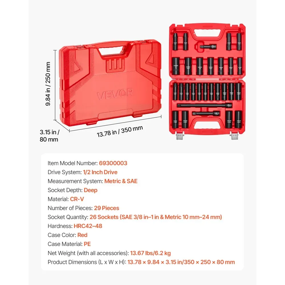 VEVOR impact socket set package contents