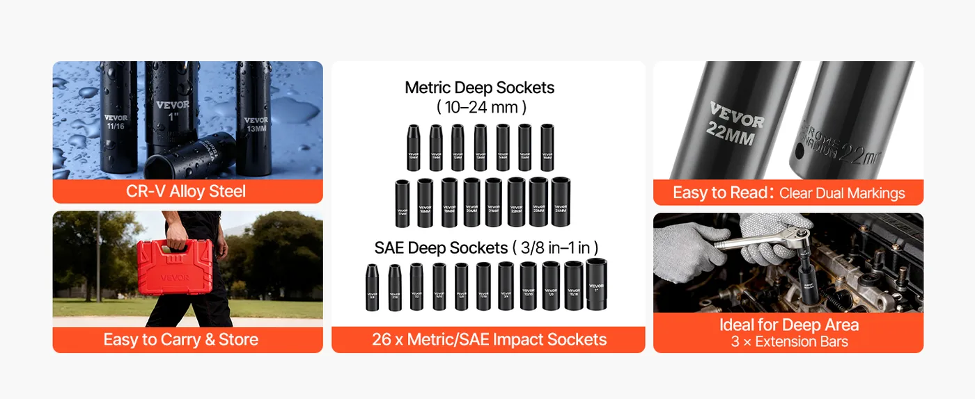 VEVOR 29 piece 1/2 in deep impact socket set