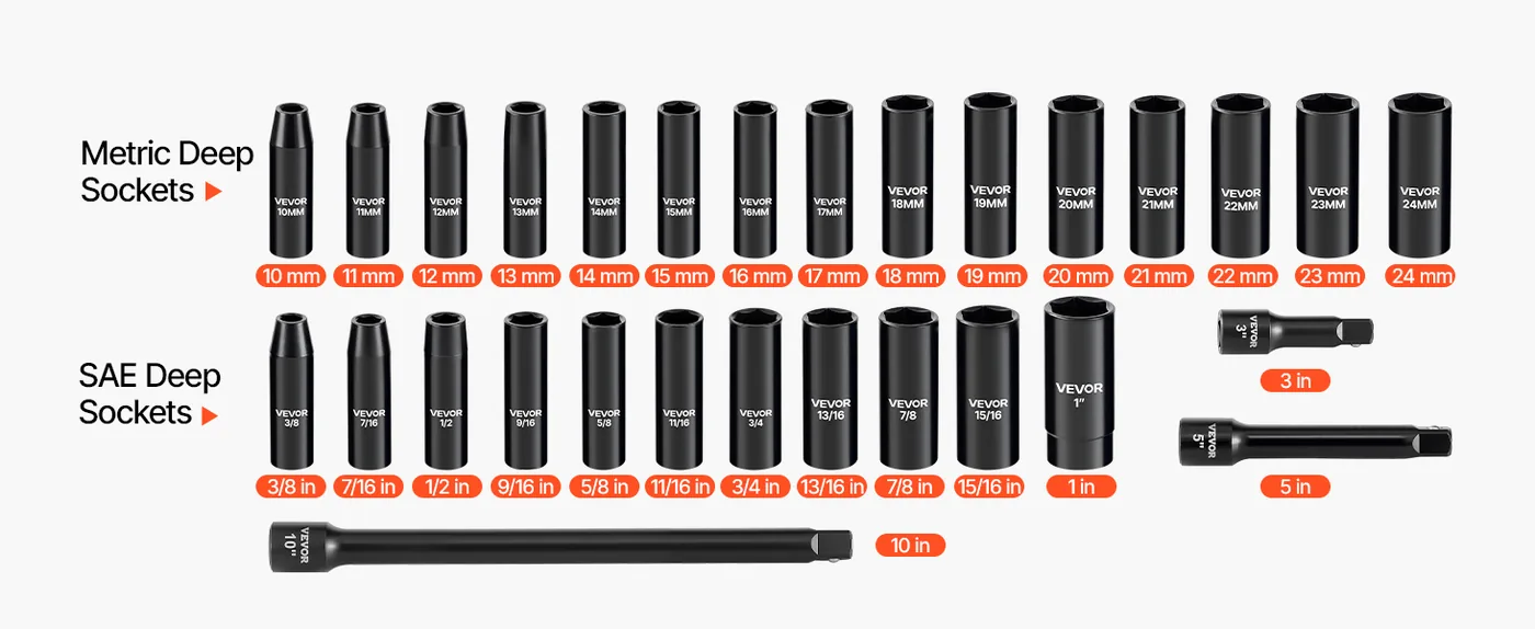 VEVOR 1/2 in Impact Socket Set 29 Piece Deep Complete Set
