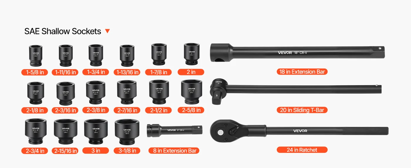 VEVOR 21 Piece 1 in Drive Impact Socket Set Shallow Complete Set
