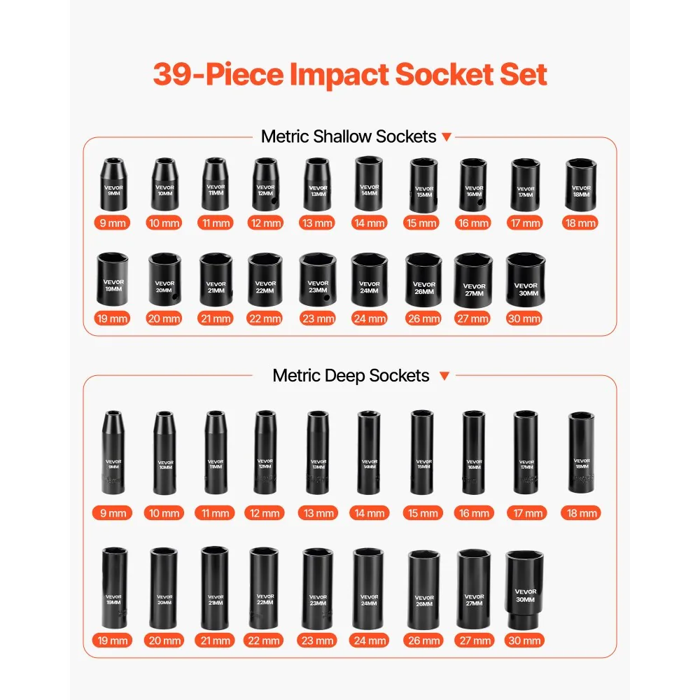 VEVOR impact sockets deep and shallow 6 point