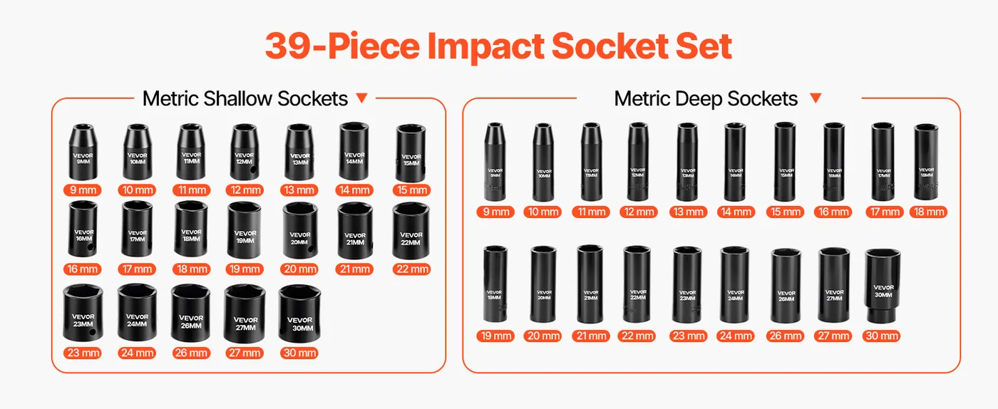 VEVOR 39 piece impact socket set complete metric kit