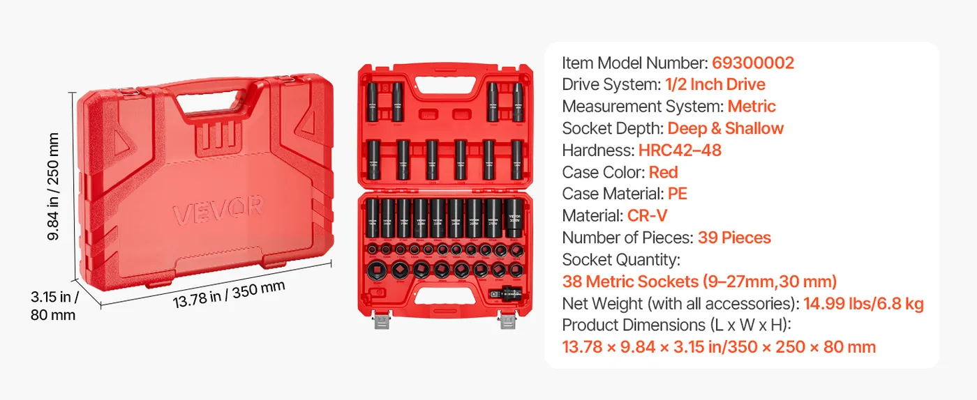 VEVOR 39 piece impact socket set portable storage