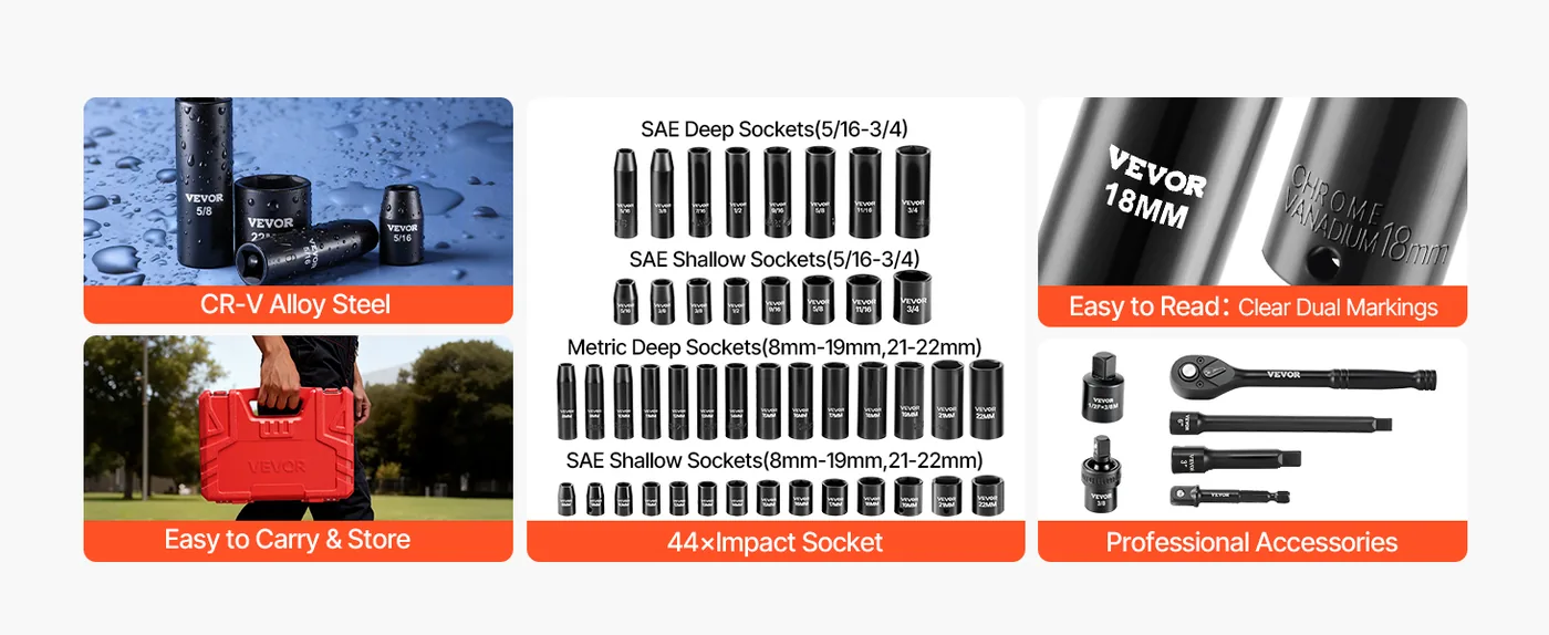 VEVOR 50 Piece 3/8 in Impact Socket Set SAE & Metric Work Like a Pro