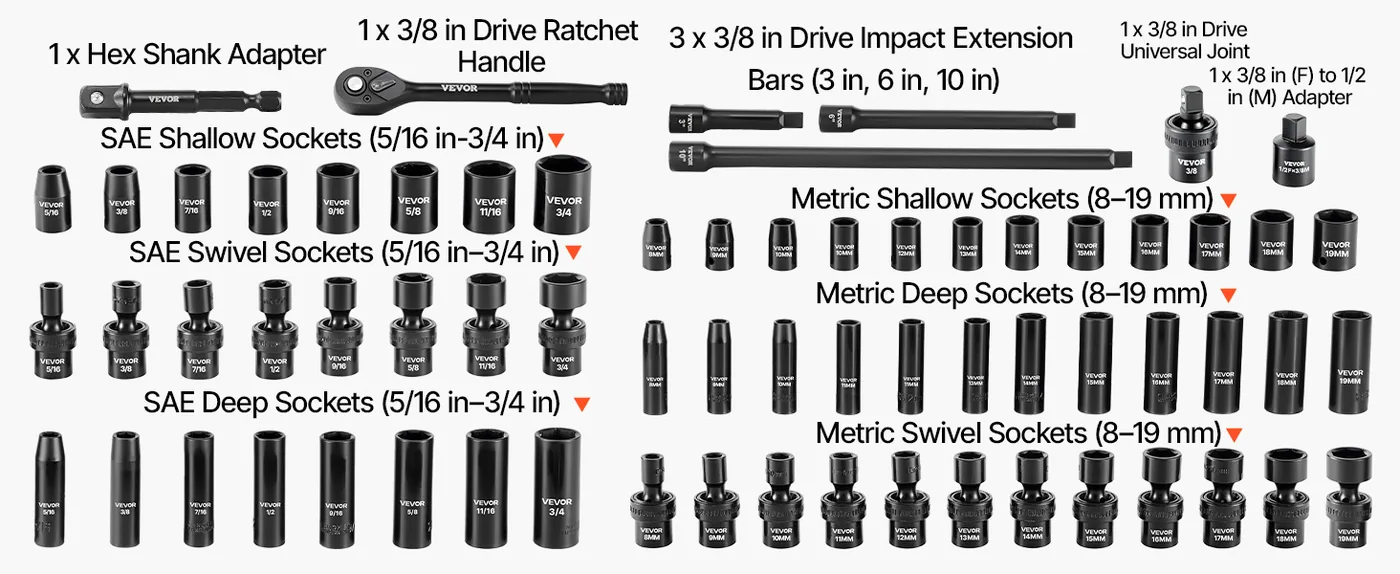 VEVOR 67 Piece 3/8 in Impact Socket Set Swivel & Standard Complete Set