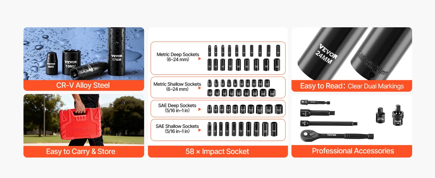 VEVOR 64 Piece 3/8 in Impact Socket Set Deep & Shallow Work Like a Pro