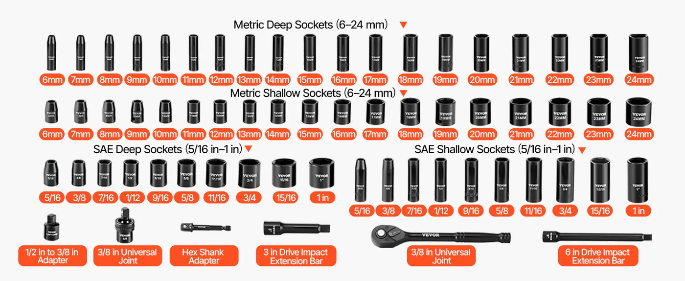 VEVOR 64 Piece 3/8 in Impact Socket Set Deep & Shallow Complete Set