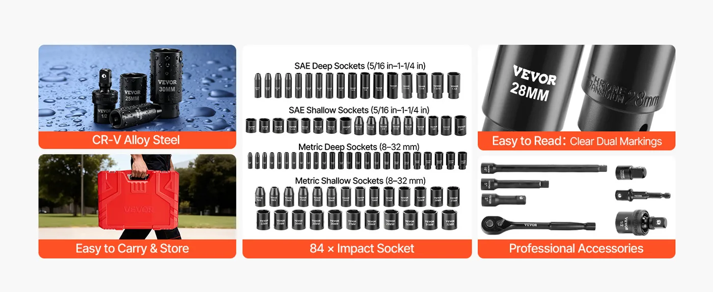 VEVOR 91 Piece 1/2 in Impact Socket Set Deep & Shallow Work Like a Pro