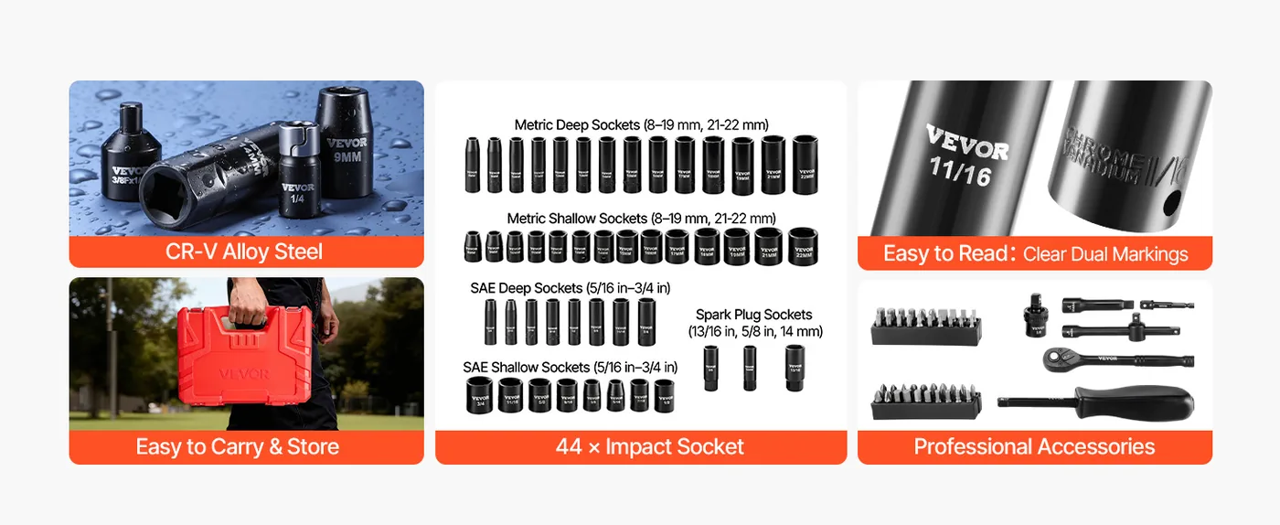 VEVOR 3/8 in Impact Socket Set 96 Piece Work Like a Pro