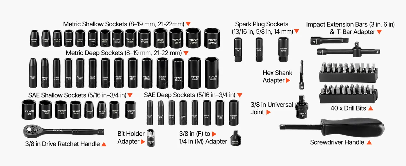 VEVOR 3/8 in Impact Socket Set 96 Piece Complete Set
