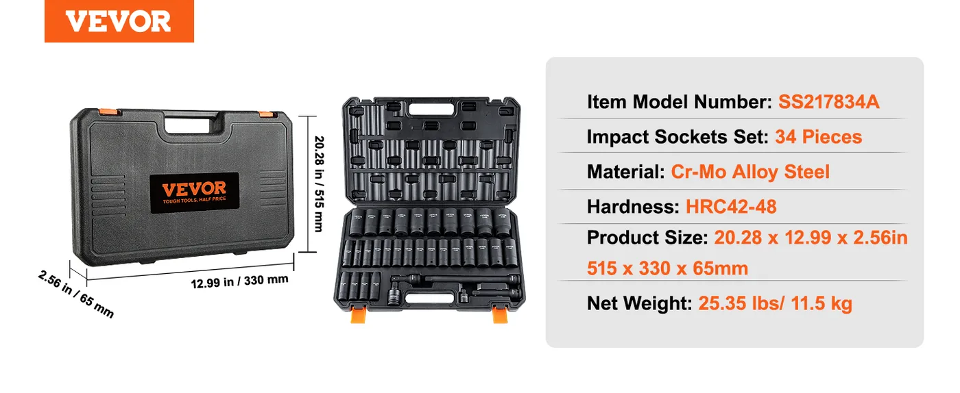 VEVOR 34 piece impact socket set storage and package