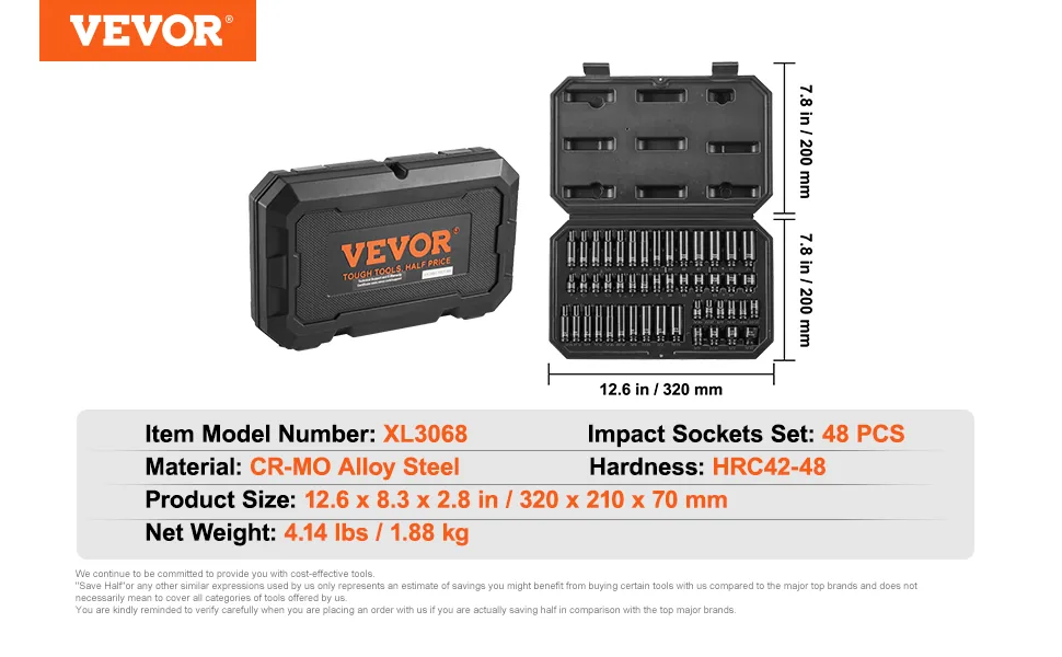 VEVOR 14 piece impact socket set storage and package