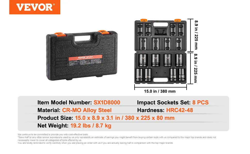 VEVOR 8 piece impact socket set storage and package