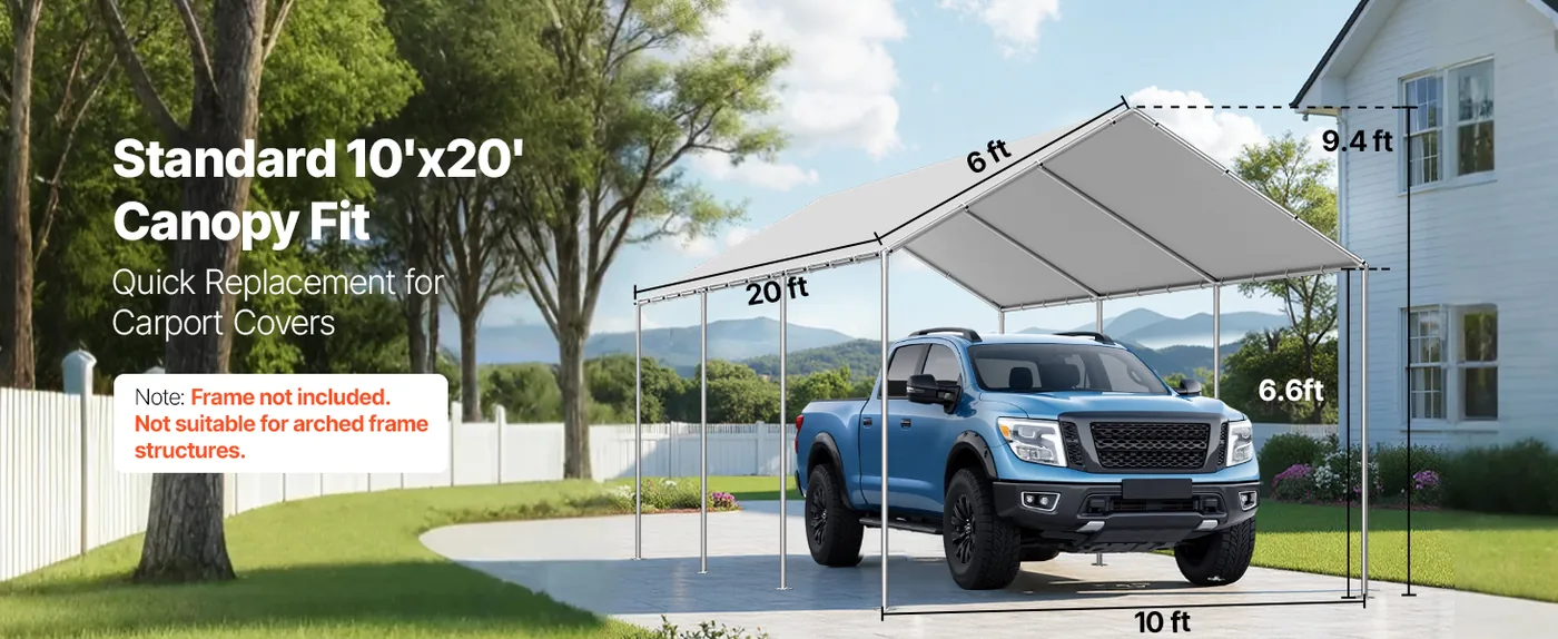 VEVOR Carport Replacement Canopy 10x20ft Grey Canopy fabric Standard Size