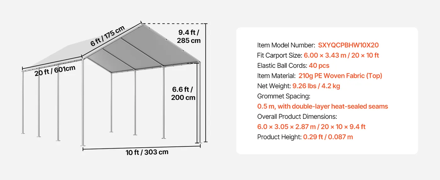 VEVOR Carport Replacement Canopy 10x20ft Grey Canopy fabric feature 1
