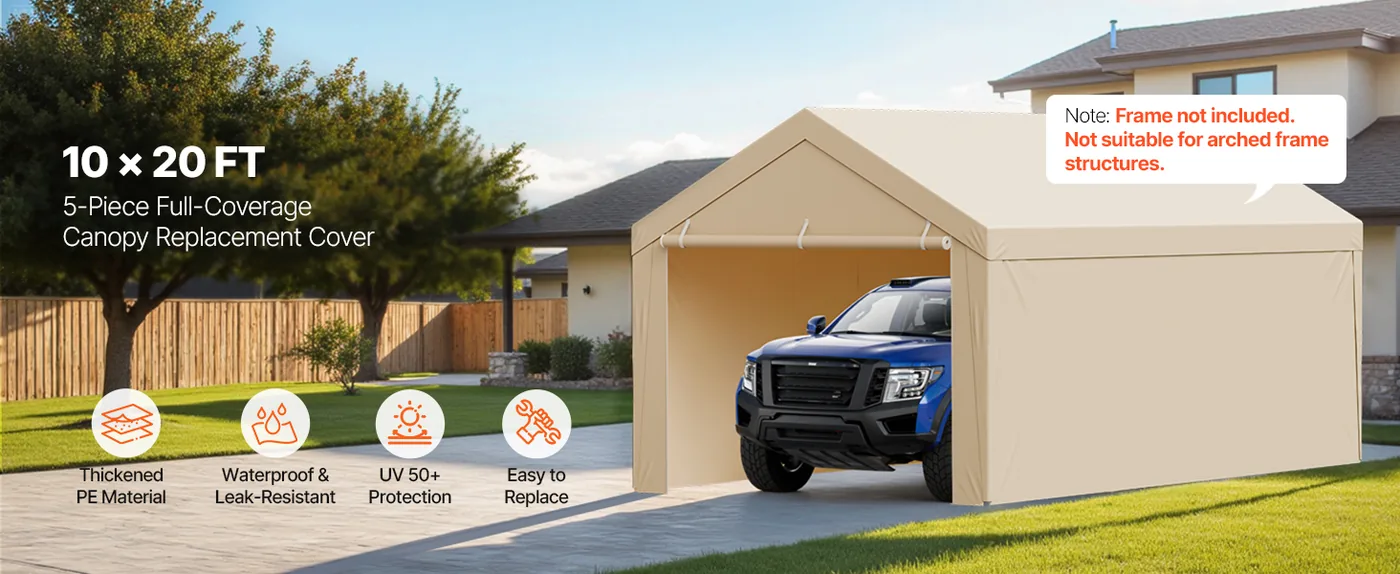 VEVOR Carport Replacement Canopy 10x20ft Beige Top and side overview