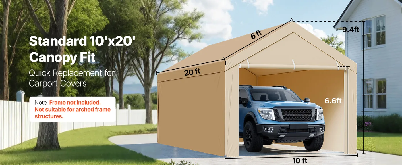VEVOR Carport Replacement Canopy 10x20ft Beige Top and side Standard Size