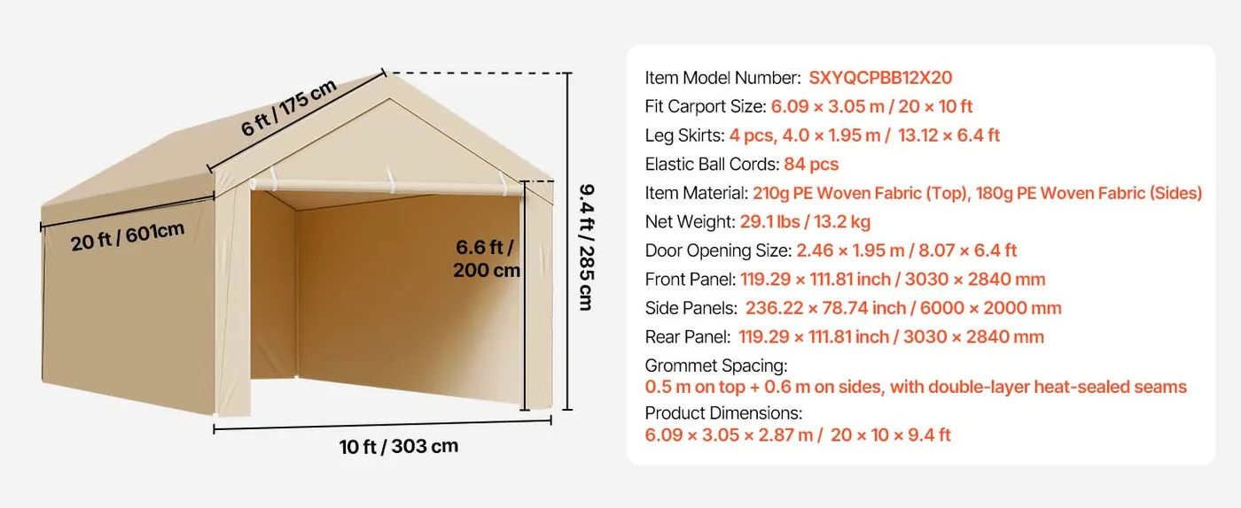VEVOR Carport Replacement Canopy 10x20ft Beige Top and side feature 1