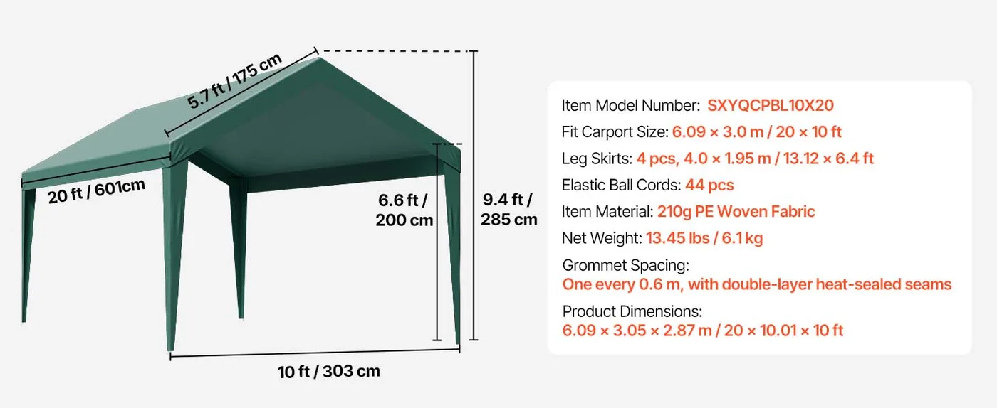 VEVOR Carport Replacement Canopy 10x20ft dark green Canopy s feature 1