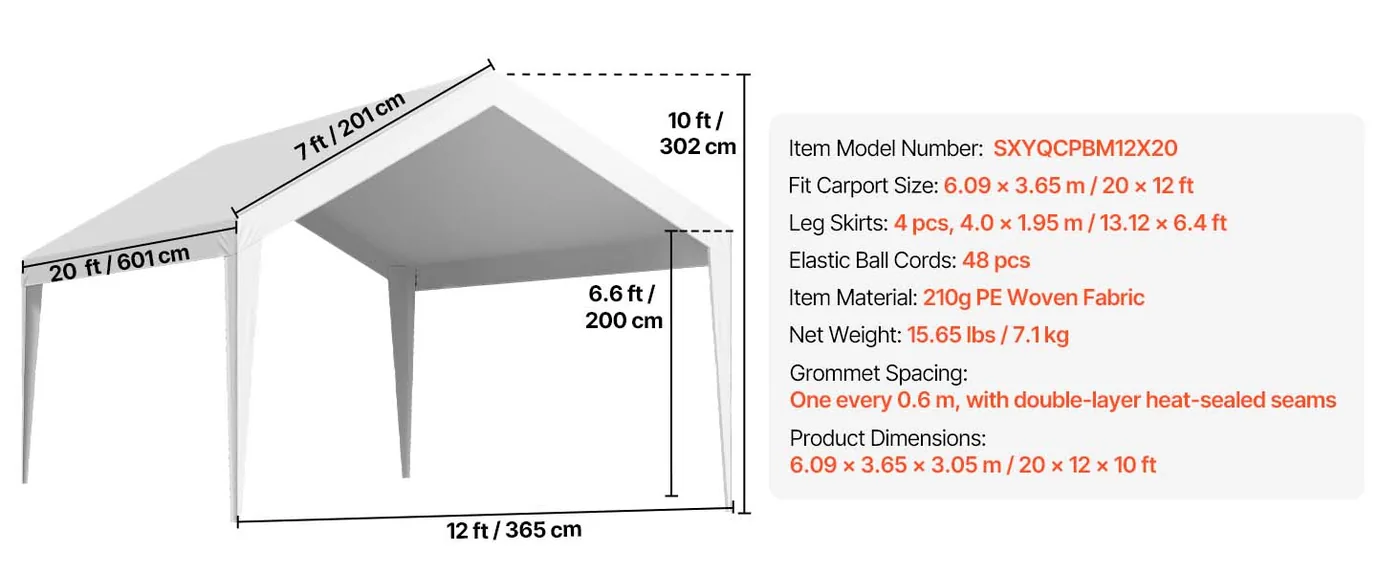 VEVOR Carport Replacement Canopy 12x20ft White Canopy strap feature 1