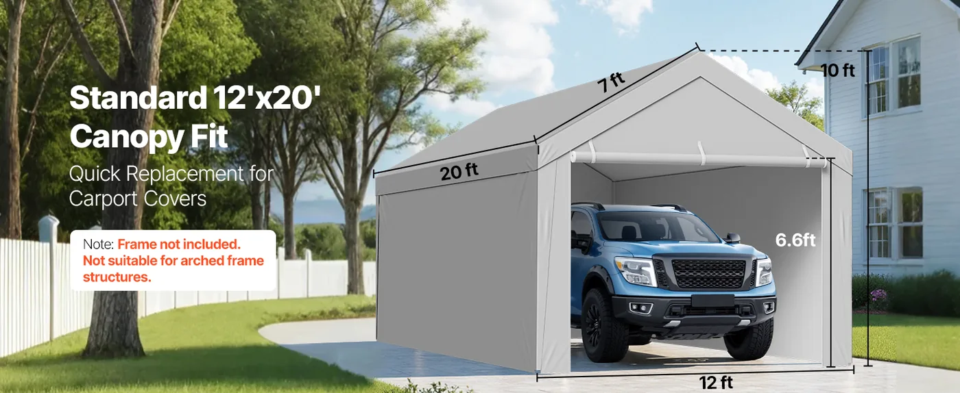 VEVOR Carport Replacement Canopy 12x20ft Grey Top and side c Standard Size