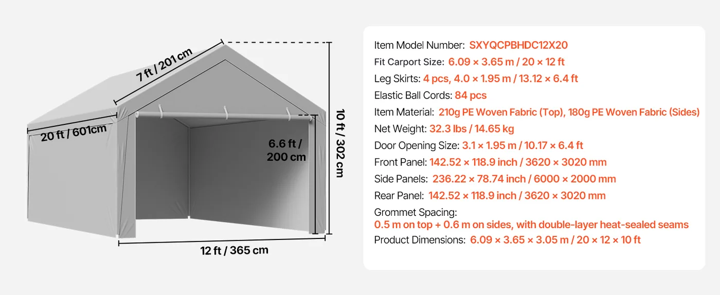 VEVOR Carport Replacement Canopy 12x20ft Grey Top and side c feature 1