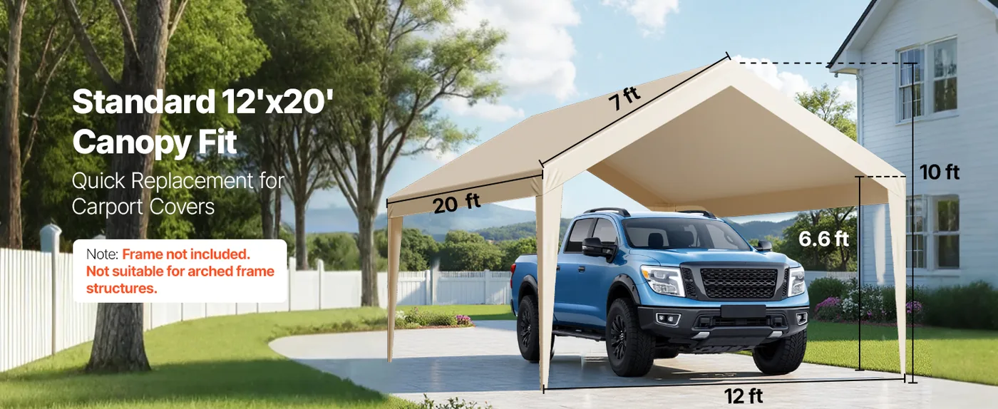 VEVOR Carport Replacement Canopy 12x20ft Beige Canopy strap Standard Size