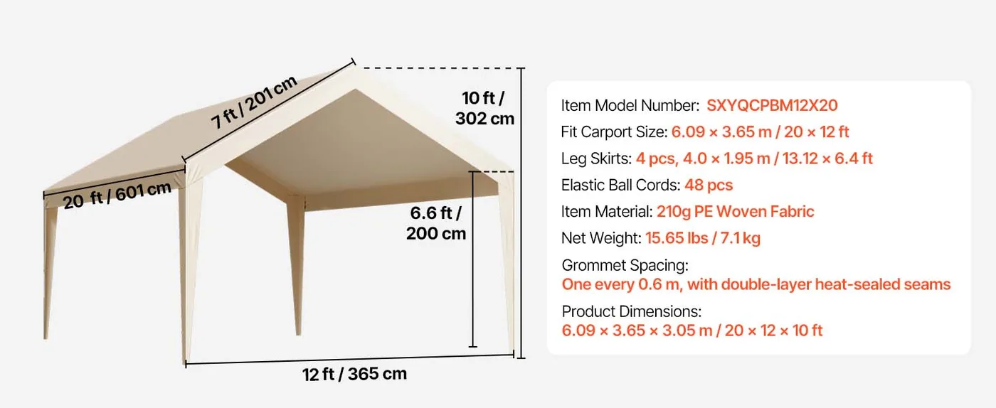 VEVOR Carport Replacement Canopy 12x20ft Beige Canopy strap feature 1