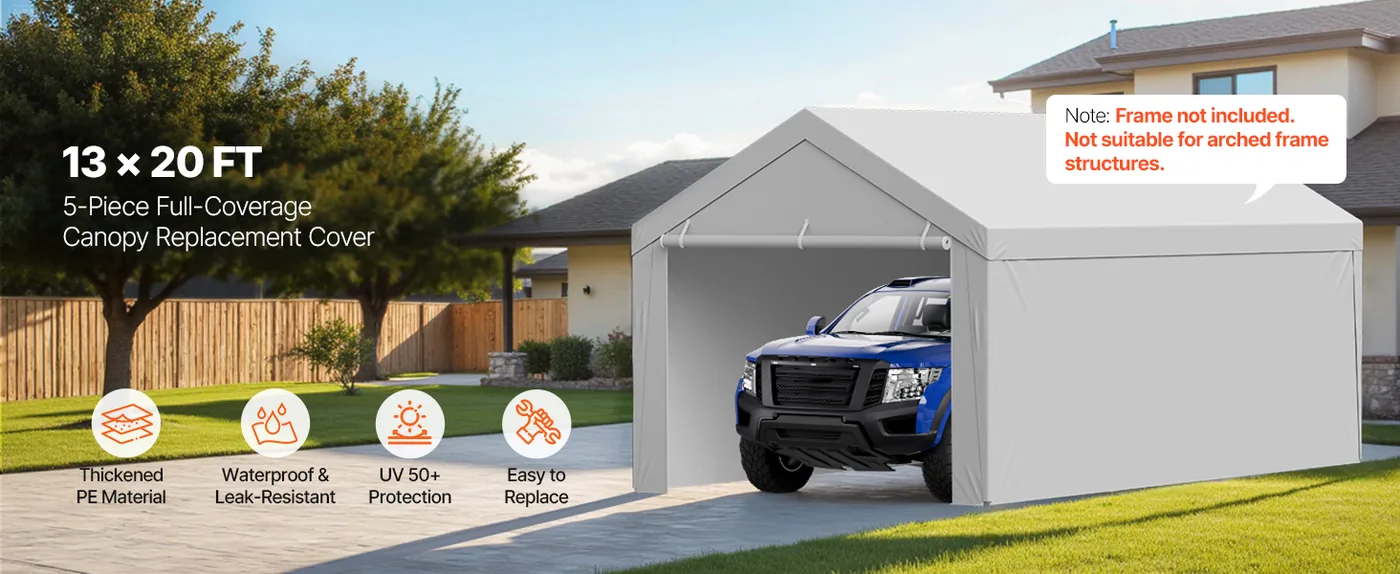 VEVOR Carport Replacement Canopy 13x20ft Grey Top and side c overview
