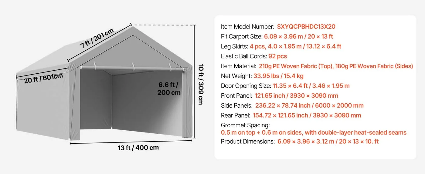 VEVOR Carport Replacement Canopy 13x20ft Grey Top and side c feature 1