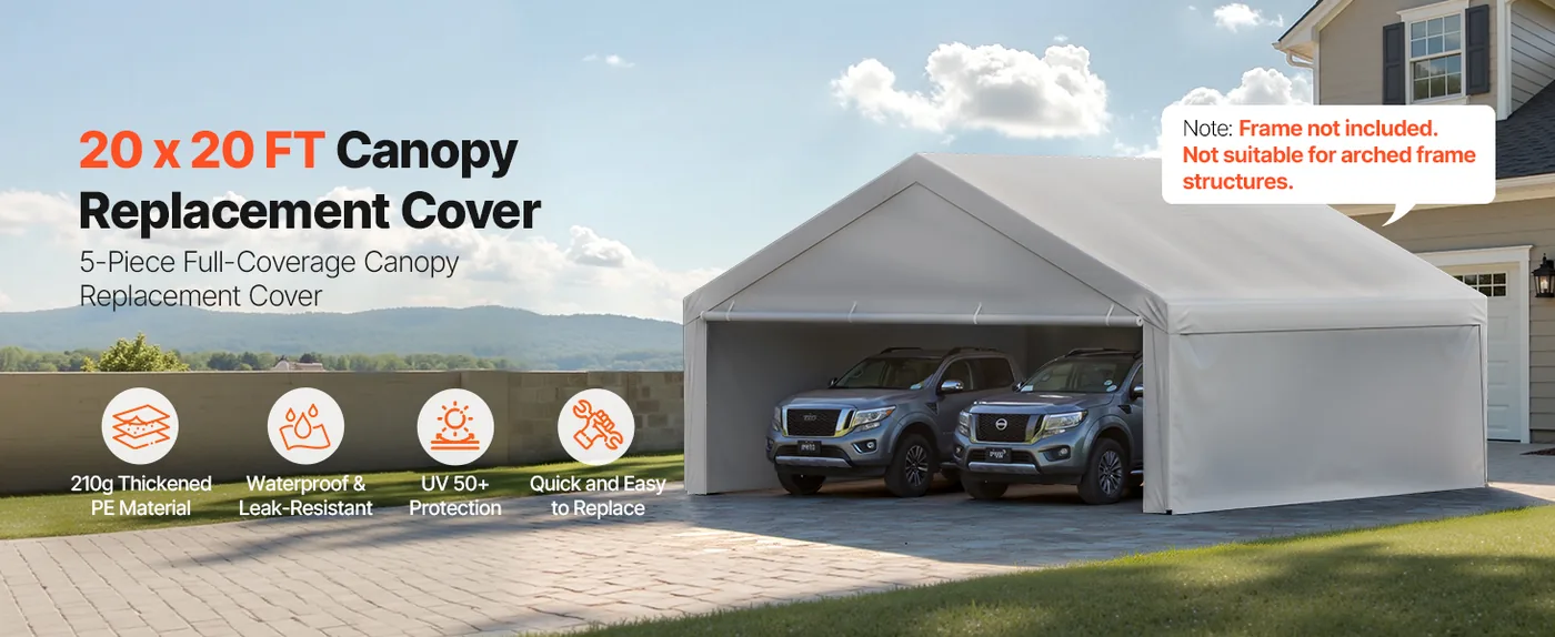 VEVOR Carport Replacement Canopy 20x20ft Grey Top and side c overview