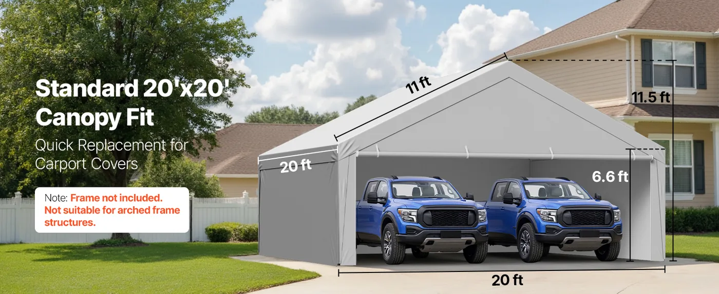 VEVOR Carport Replacement Canopy 20x20ft Grey Top and side c Standard Size