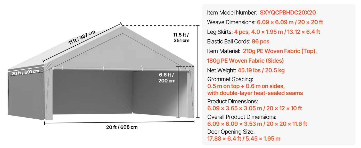 VEVOR Carport Replacement Canopy 20x20ft Grey Top and side c feature 1